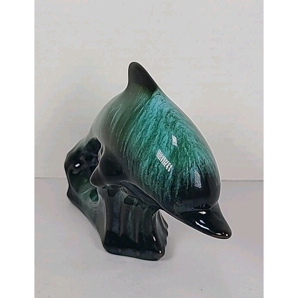 Blue Mountain Pottery Dolphin Figurine Green Drip Glaze Canadian Vintage Decor - Picture 2 of 8
